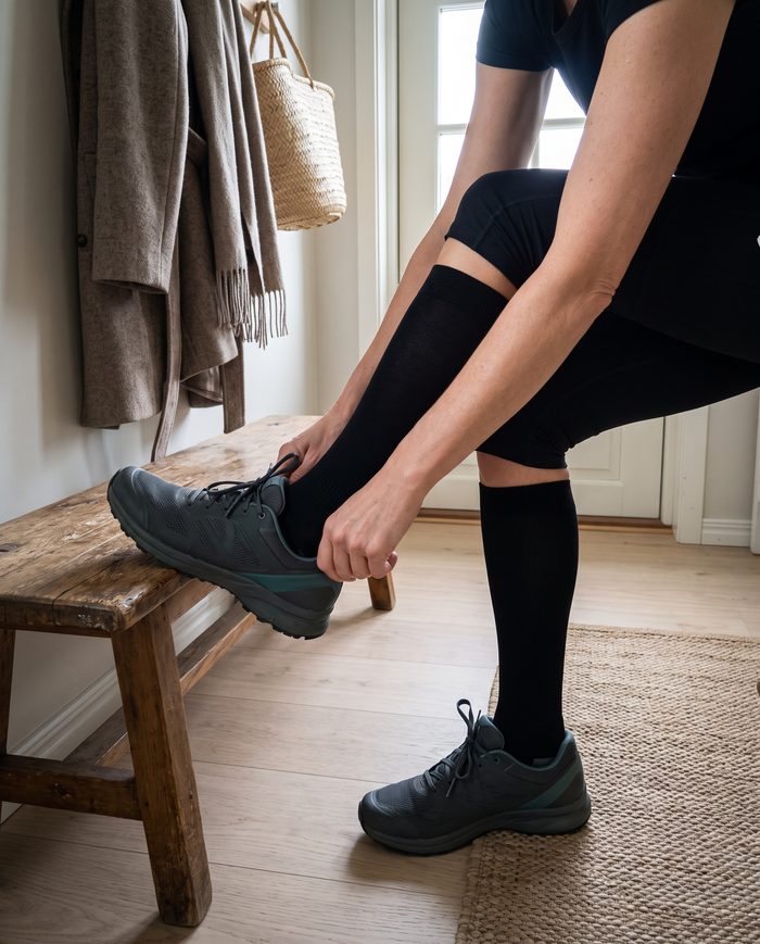 Kvinna som knyter skorna i hallen i Gococo Compression Wool