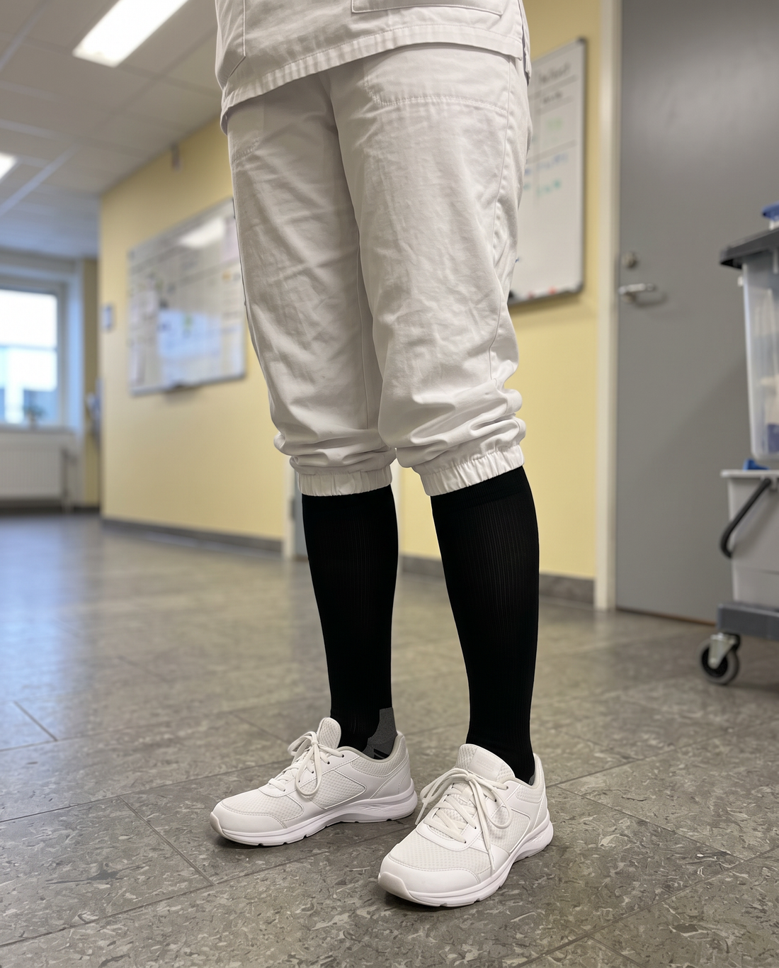 Sjuksköterska i vit vårduniform med svarta Gococo Compression-strumpor