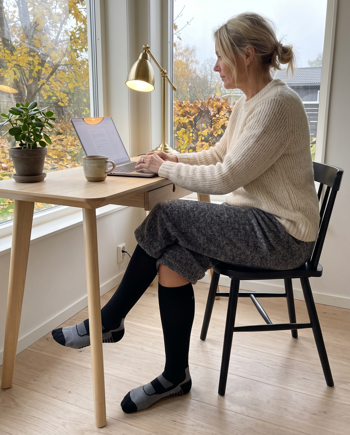 Kvinna vid skrivbordet hemma i Gococo Compression Wool