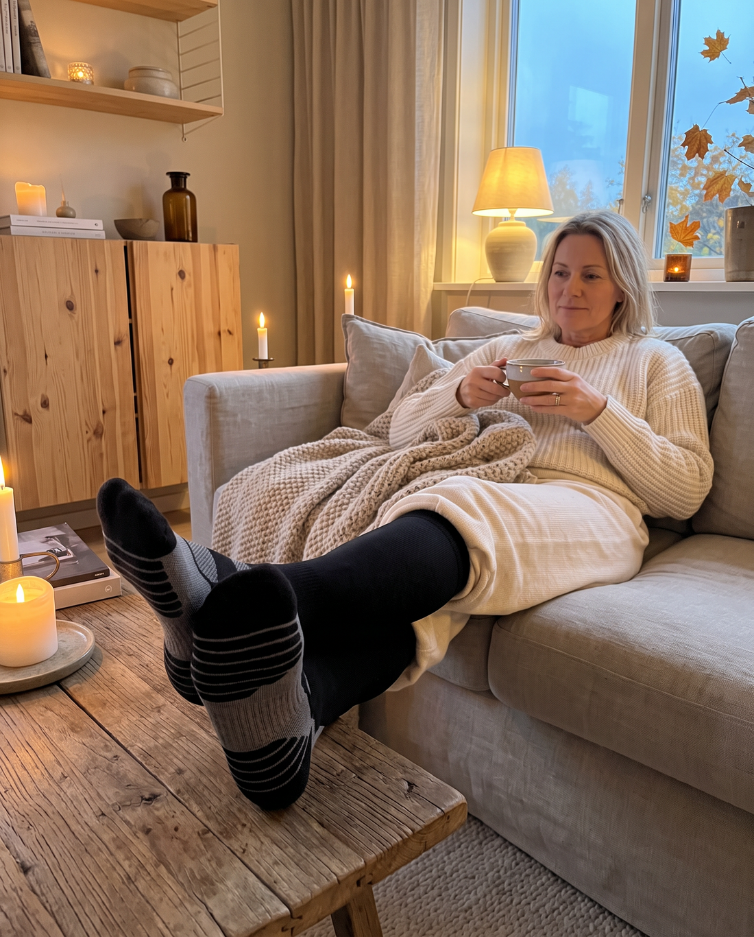 Kvinna som myser i soffan med fötterna på bordet i Gococo Compression Wool