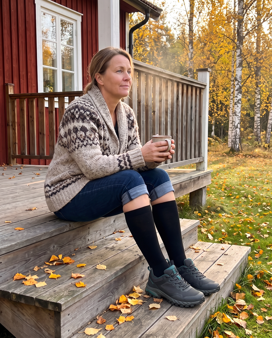 Kvinna med kaffe på farstutrappan en höstmorgon i Gococo Compression Wool